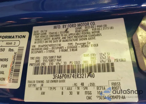 2014 Ford Fusion Se from USA, damaged, VIN 3FA6P0H74ER321740